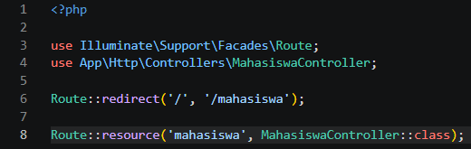 Kode route resource mahasiswa